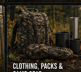 Hunting clothing, packs and camp gear